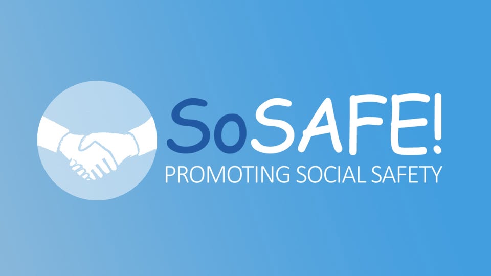 SoSAFE! logo with two hands shaking inside a light blue circle on a blue background. Text reads ‘SoSAFE! PROMOTING SOCIAL SAFETY’.